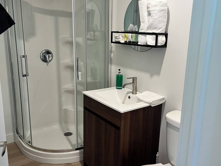 Un bany amb una cabina de dutxa de vidre, un lavabo blanc amb un moble de tocador de fusta fosca i un vàter blanc.