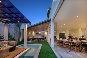A modern outdoor dining area with a pool, seating, and a covered patio.
