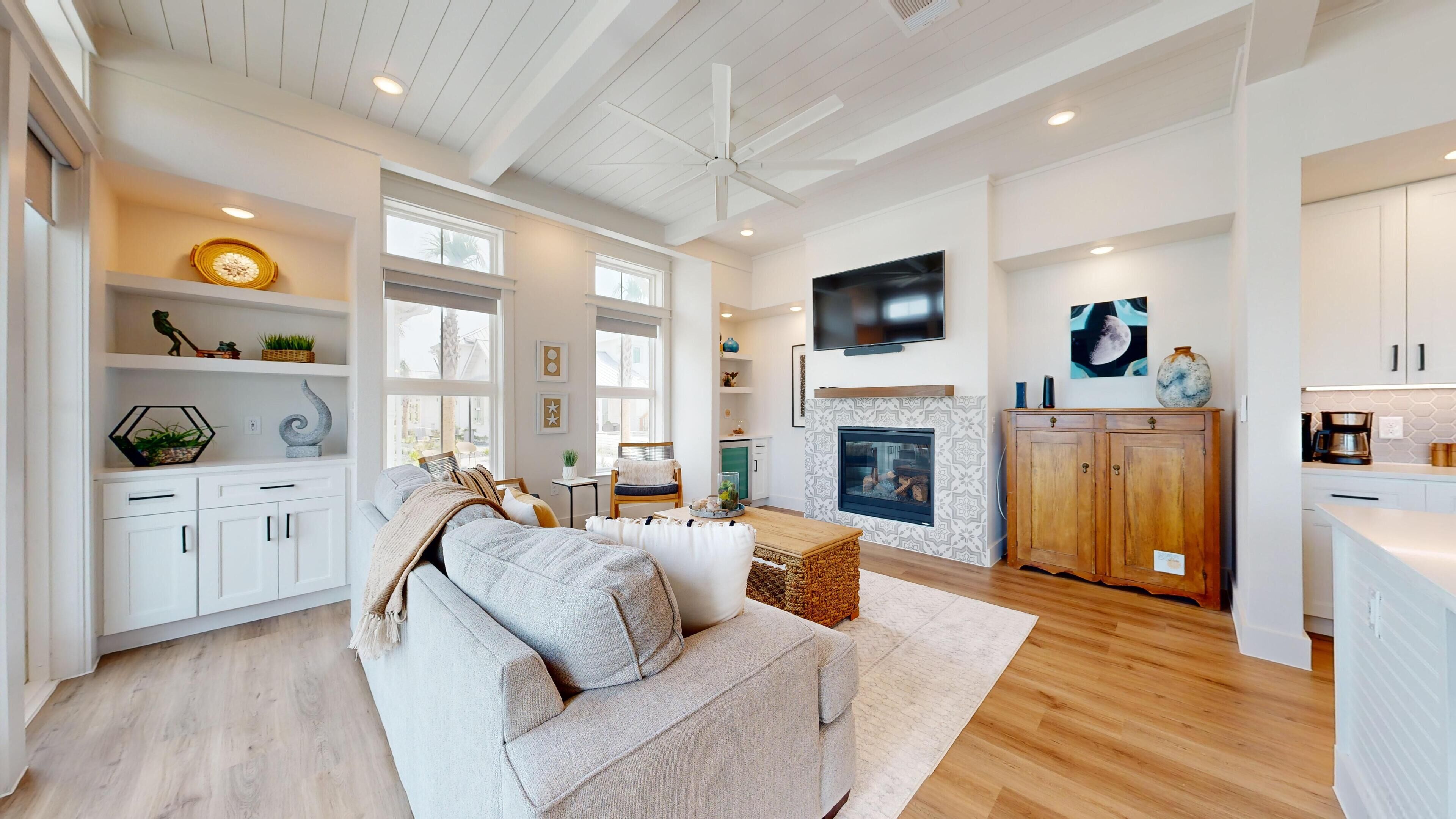 TV, fireplace, books