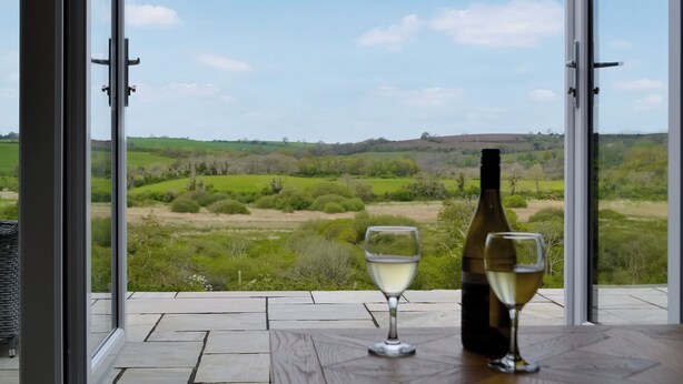 Ein Tisch mit einer Weinflasche und einem Glas, und Blick auf eine grüne Landschaft durch eine Glastür.