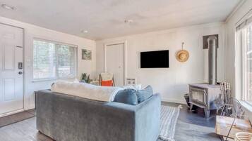 TV, fireplace, books, offices
