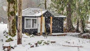Une petite cabane avec un toit en métal, entourée d’un paysage enneigé et d’arbres.