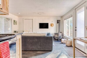 Télévision, cheminée, livres, espaces bureaux