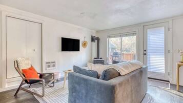 TV, fireplace, books, offices