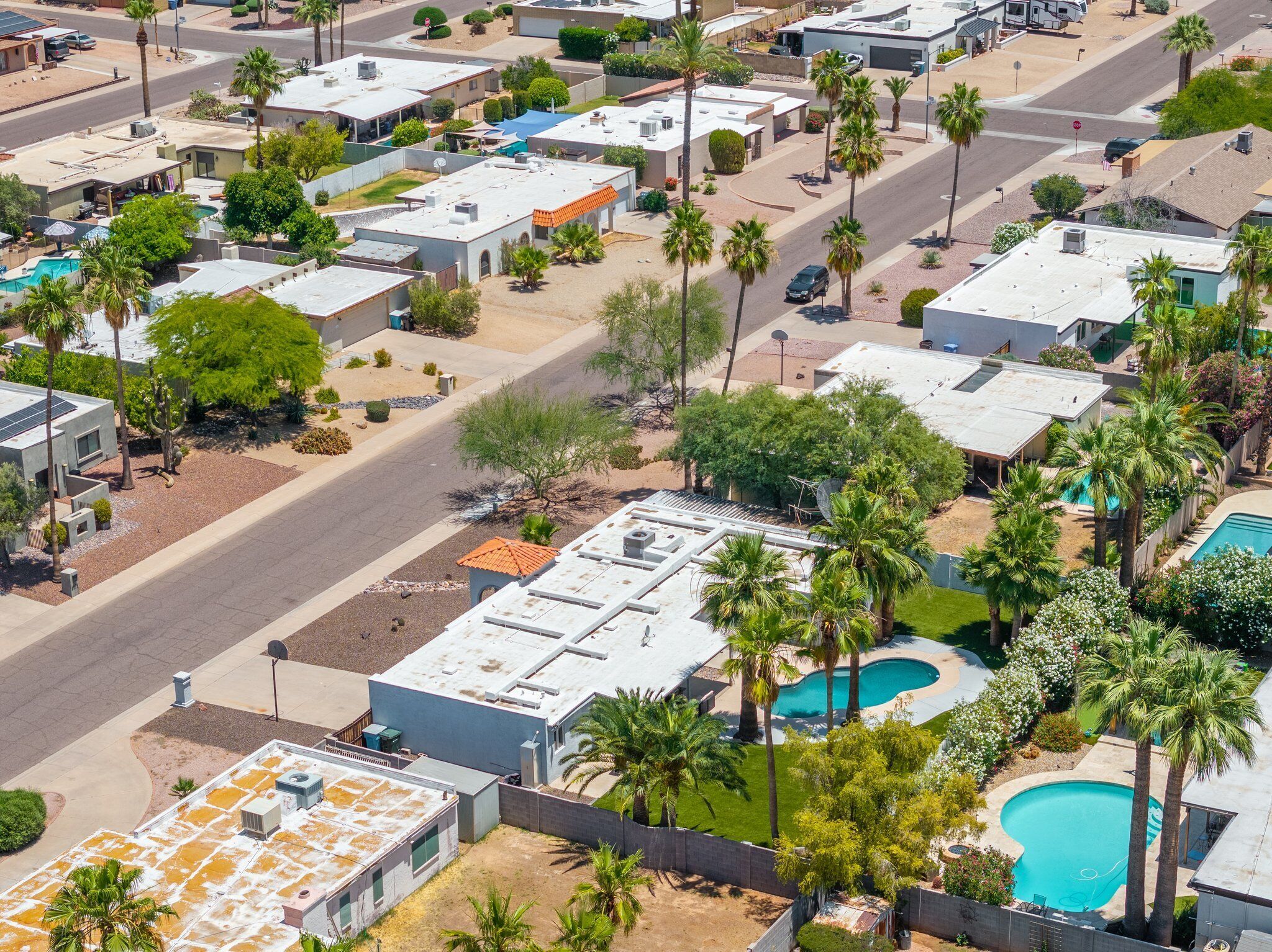 Une vue aérienne d’un quartier résidentiel composé de plusieurs maisons, chacune ayant un toit plat, une piscine et étant entourée de palmiers.