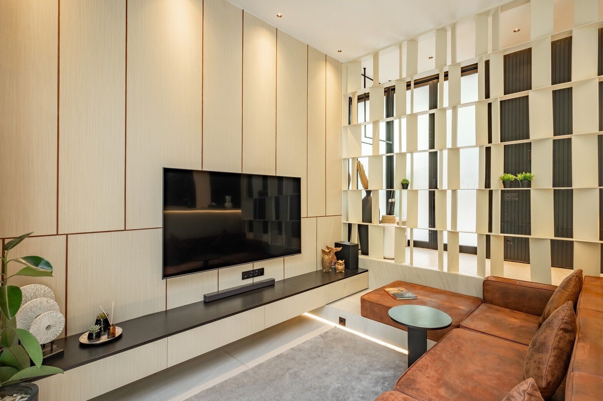 A modern living room with a flat-screen TV, a sofa, a coffee table, and a decorative shelf with plants.