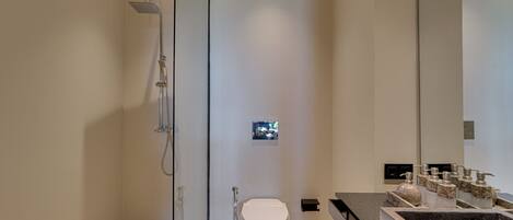 A modern bathroom with a glass-enclosed shower, a toilet, and a marble sink.