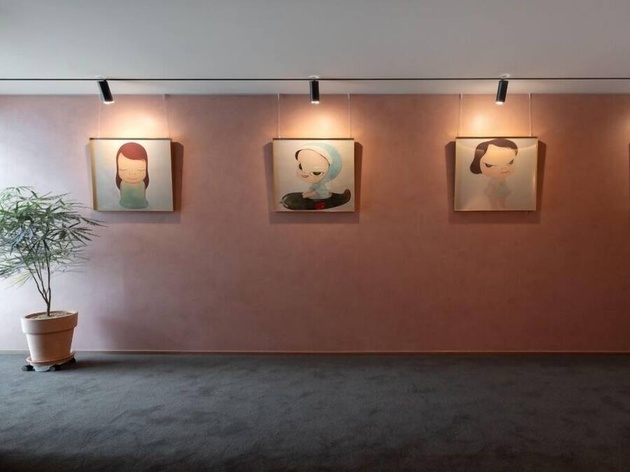 A gallery wall with four framed artworks, a potted plant, and a grey carpeted floor.