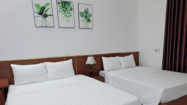 Ein Hotelzimmer mit zwei Einzelbetten, einem Holz-Kopfteil, weißer Bettwäsche, einer Nachttischlampe und drei gerahmten Pflanzenbildern an der Wand.