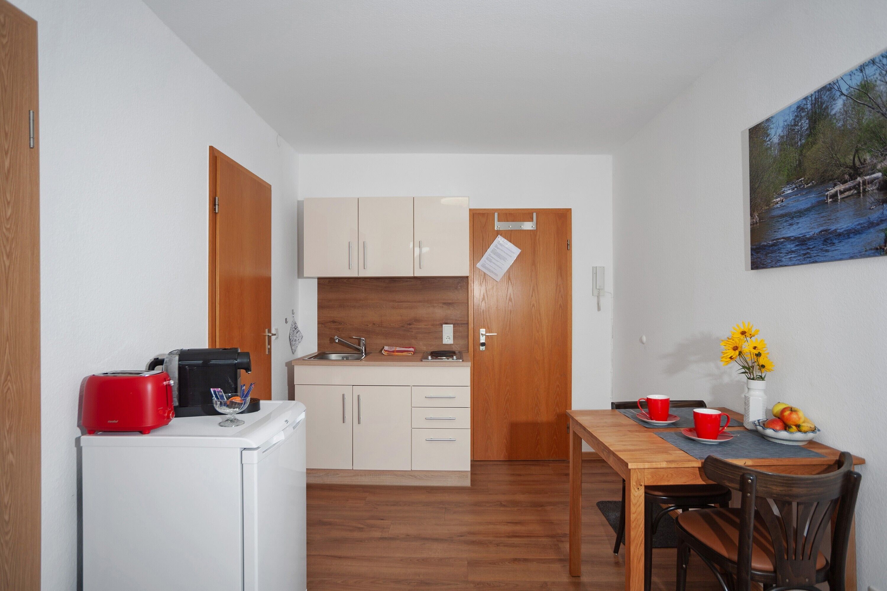 Fridge, stovetop, coffee/tea maker, electric kettle