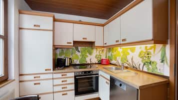 Een koelkast, een oven, een kookplaat, een vaatwasser