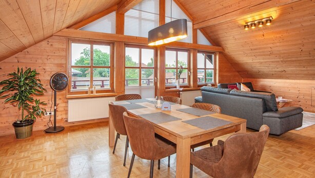 A wooden interior with a dining table, chairs, a sofa, and a fan.