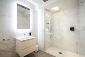 Shower, hair dryer, towels, shampoo