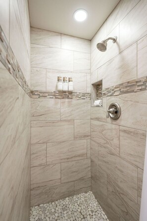 Hair dryer, towels, soap, shampoo