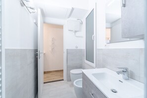 Shower, hair dryer, bidet, towels