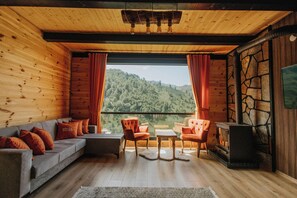Interior acogedor de una cabaña con paredes de madera, un muro de piedra, una chimenea y vistas a una ladera boscosa.