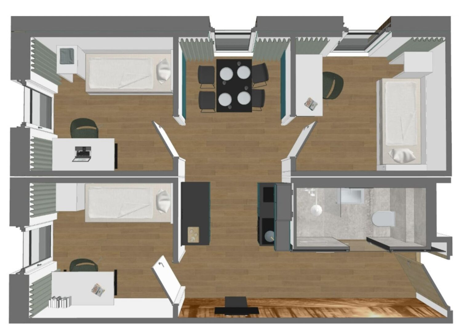 A floor plan of a hotel with four bedrooms, a living room with a dining area, a kitchen, and a bathroom.