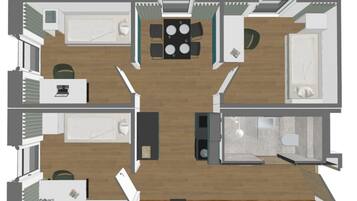 A floor plan of a hotel with four bedrooms, a living room with a dining area, a kitchen, and a bathroom.