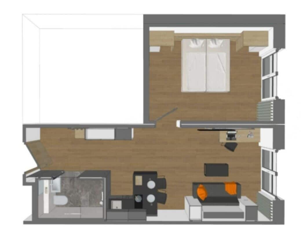 A 2-bedroom apartment with a living room, kitchen, and a balcony.