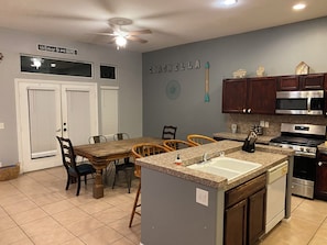 Fridge, microwave, oven, stovetop - As new Santa Fe home, over 2000sf, 4 bedrooms, 2 bathrooms, Pool, Spa. (La Quinta)