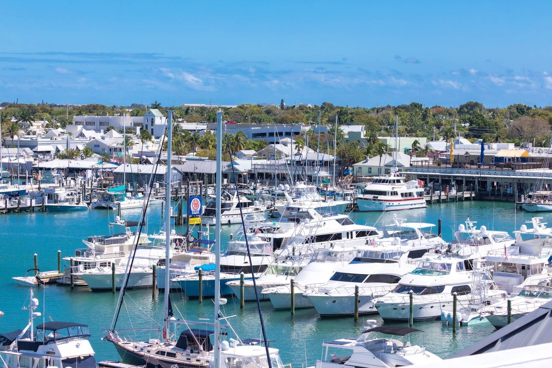 A marina with multiple boats docked, surrounded by buildings and greenery.