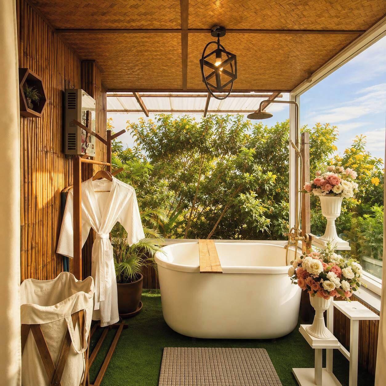 Een badkamer met een vrijstaand bad, douche en een raam met uitzicht op groen.