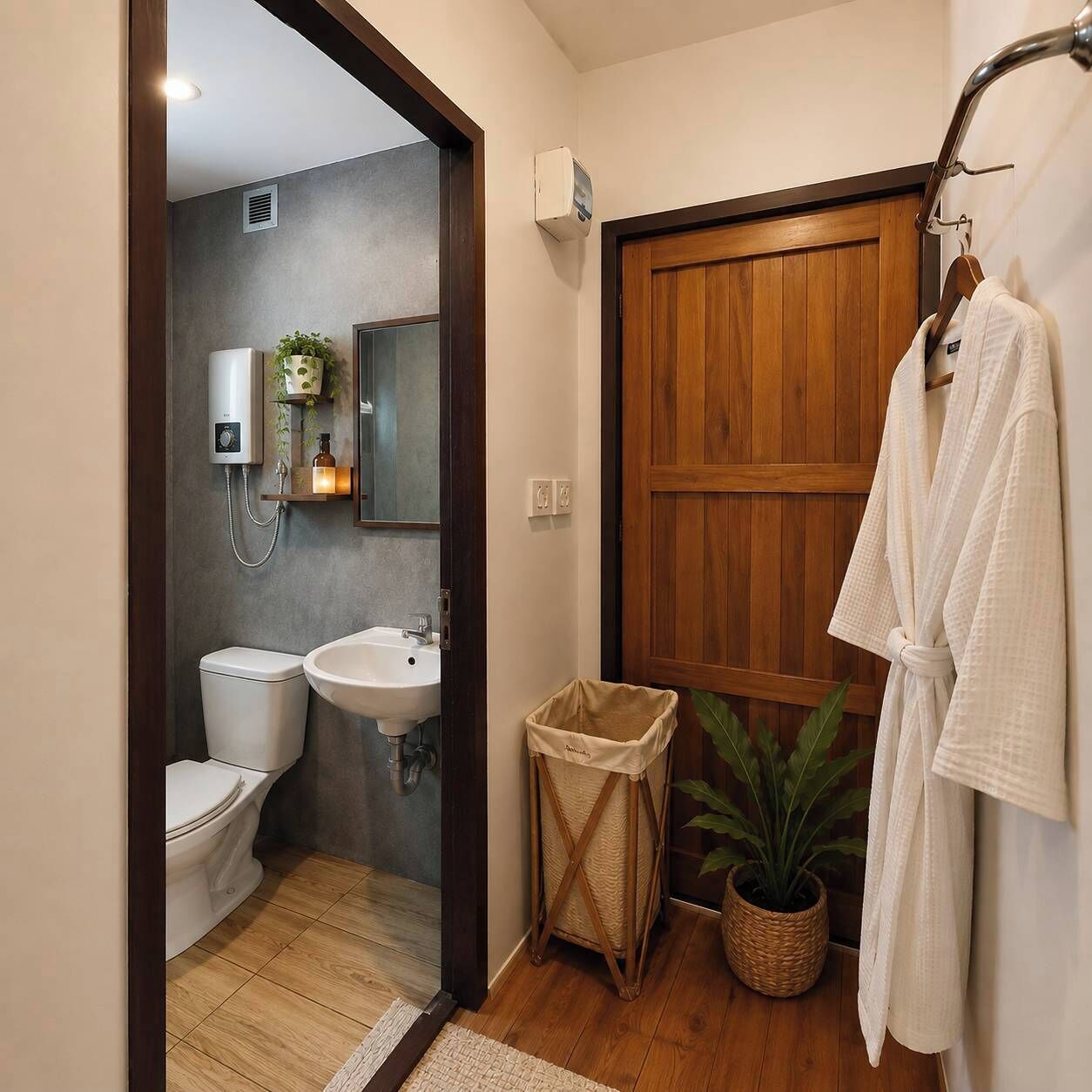 Une salle de bain avec des toilettes, un lavabo et une porte en bois.