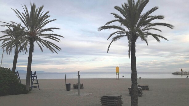 Une plage bordée de palmiers, une tour de surveillance pour les sauveteurs et un phare visible au loin.