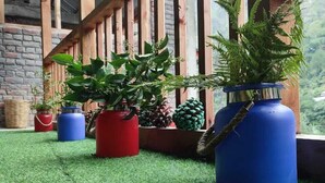 Un balcon en bois agrémenté de gazon synthétique, de plantes en pot et d’une décoration en forme de pomme de pin.