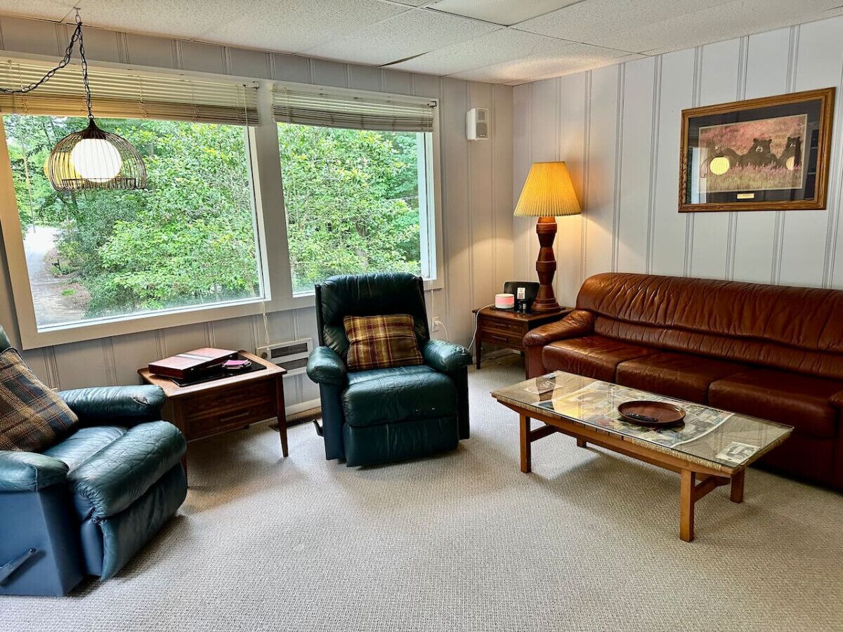 A living room with a leather sofa, a green armchair, a blue armchair, a wooden coffee table, and a lamp.