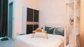 A modern bedroom with a bed, a bedside table, a wardrobe, and a shelf unit.