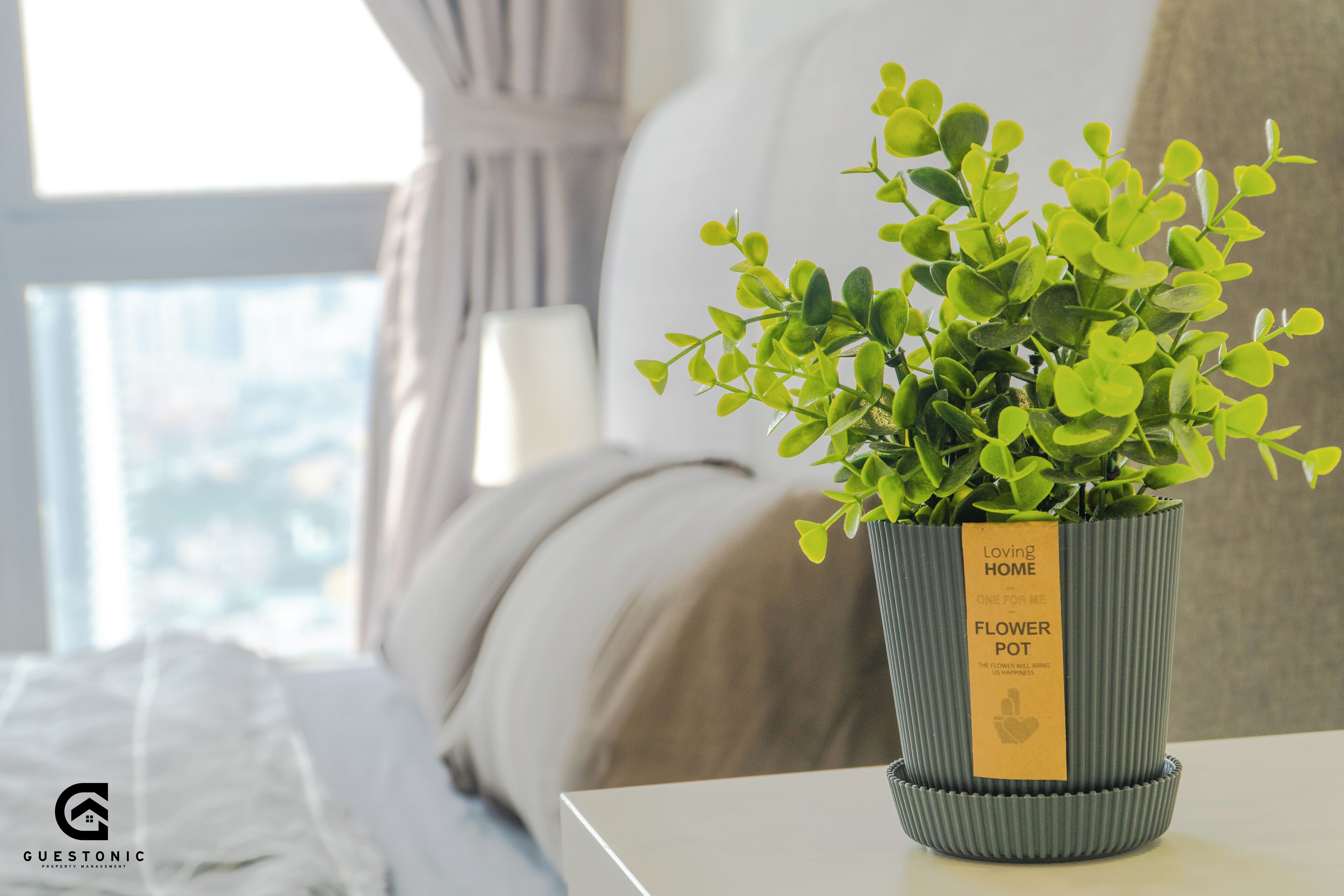 A flower pot with a label on a white table in a hotel room.