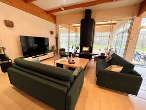 Smart-TV, Kamin, Bücher, Stereoanlage