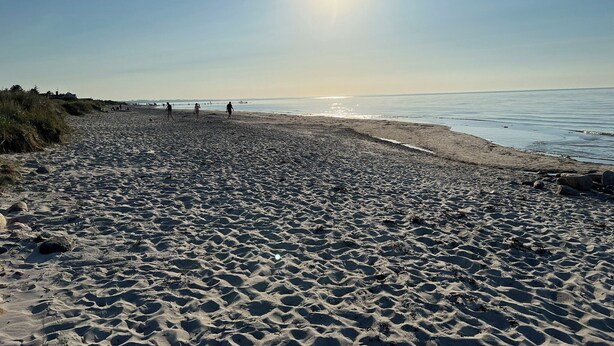 A beach with footprints, a clear sky, and the sun low on the horizon.