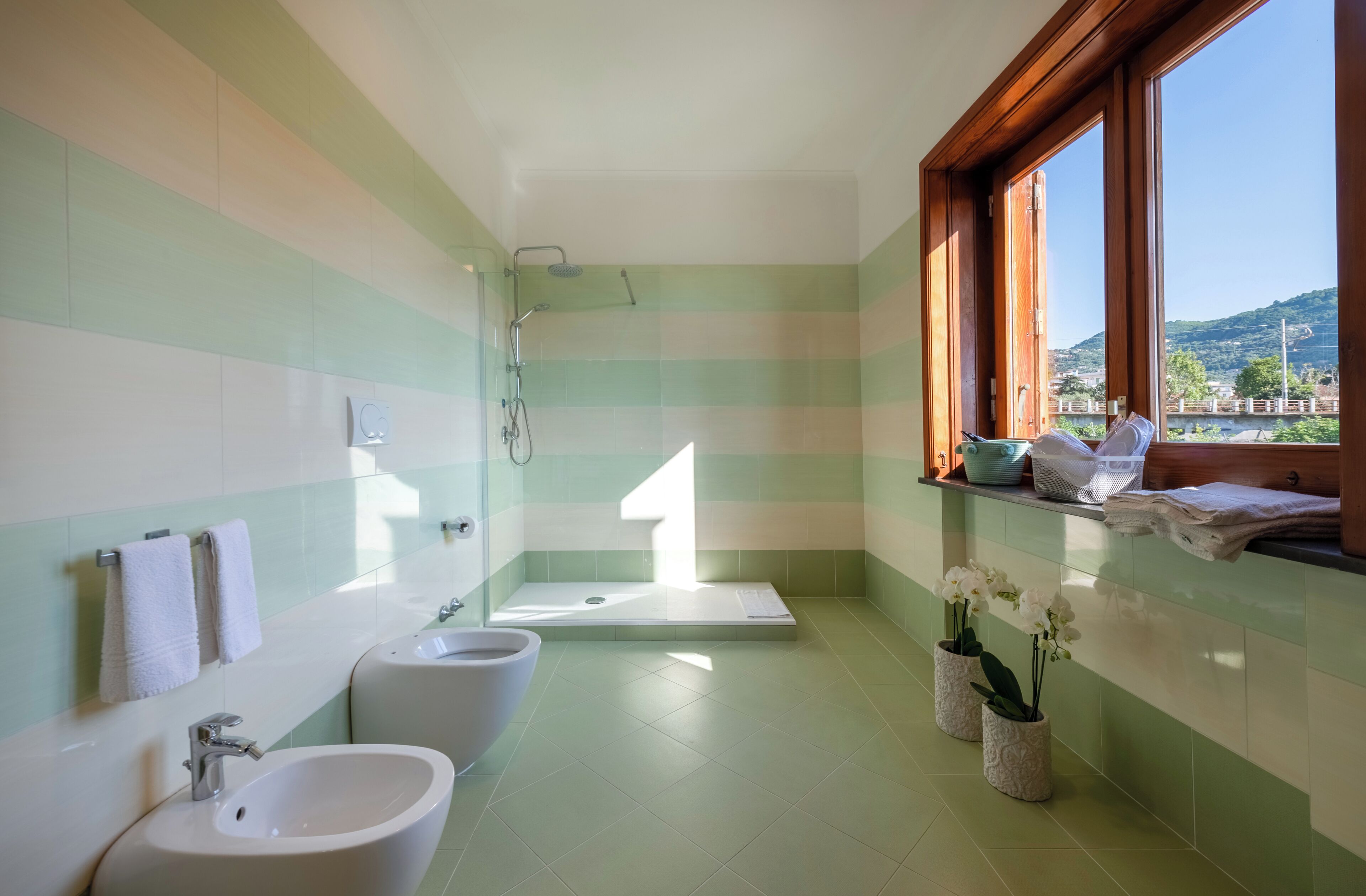 A bathroom with two sinks, a shower, and a bathtub. There are towels hanging on the wall and a window with a view of a bridge and hills.