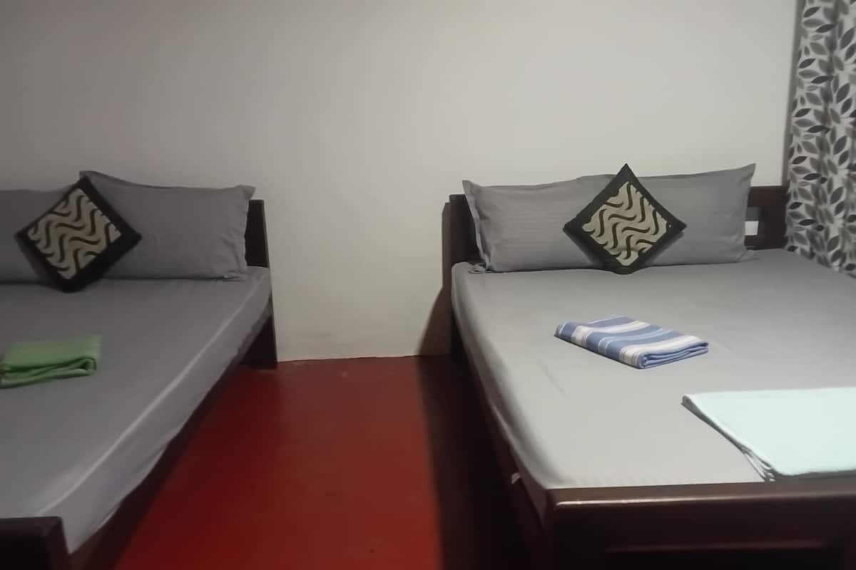 Dos camas individuales con ropa de cama gris y almohadas estampadas, una toalla verde sobre una cama y una toalla azul y blanca a rayas sobre la otra.