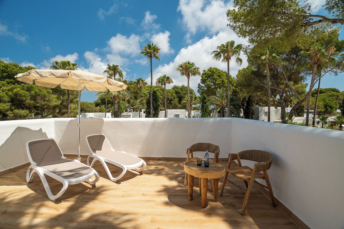 Terraza en la azotea con sillones, una mesa y una sombrilla, rodeada de palmeras y un cielo despejado.