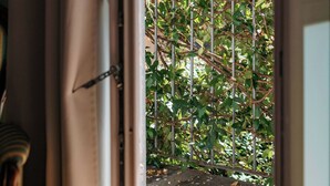 Puerta abierta que da a un área de balcón, con una barandilla de metal y algo de vegetación.