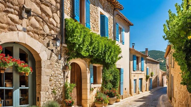 Una estrecha calle adoquinada flanqueada por edificios de piedra, algunos con contraventanas azules y plantas en macetas.