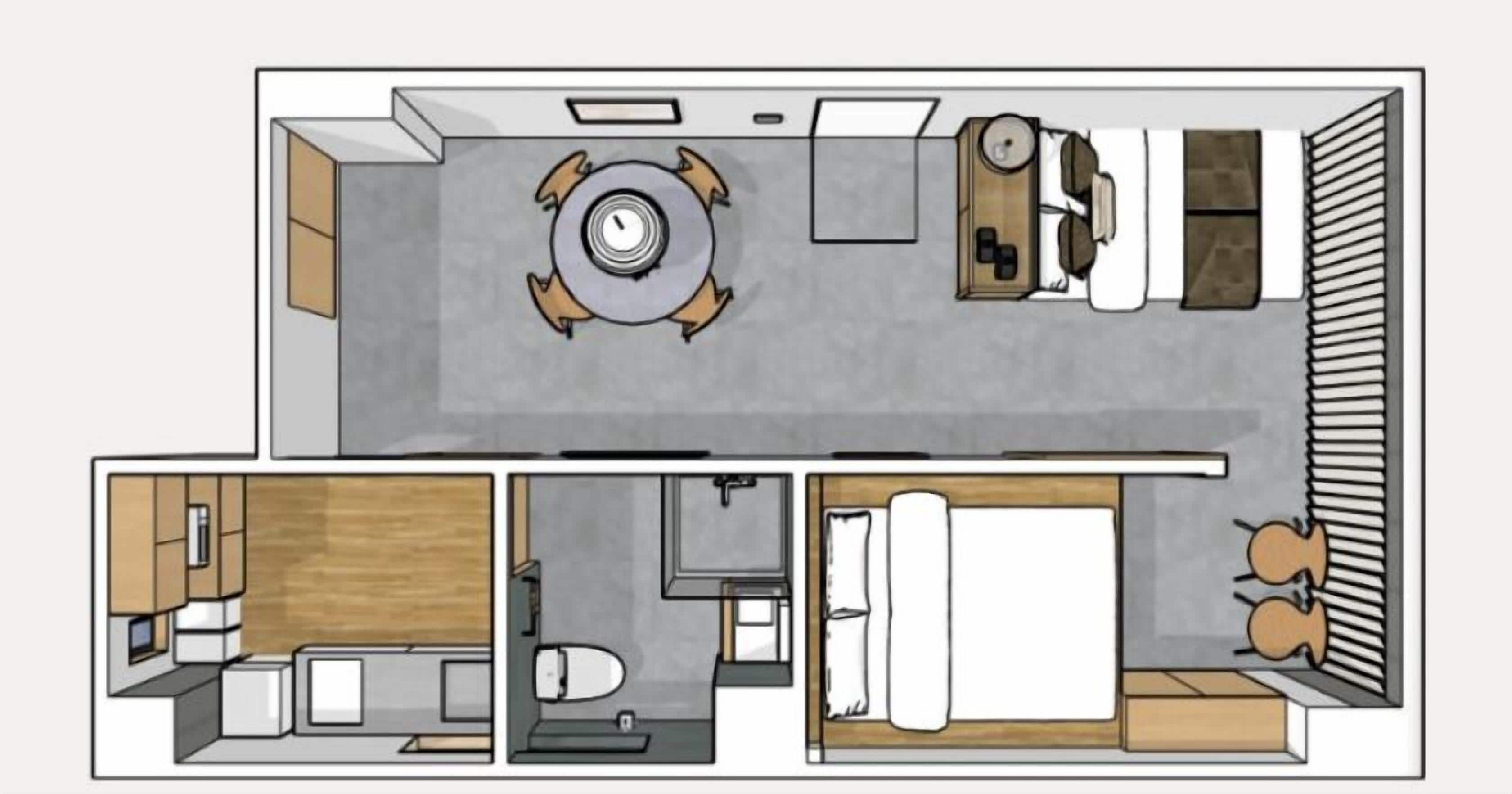 A hotel layout with a dining area, a bedroom with a large bed, a bathroom, and a kitchenette.