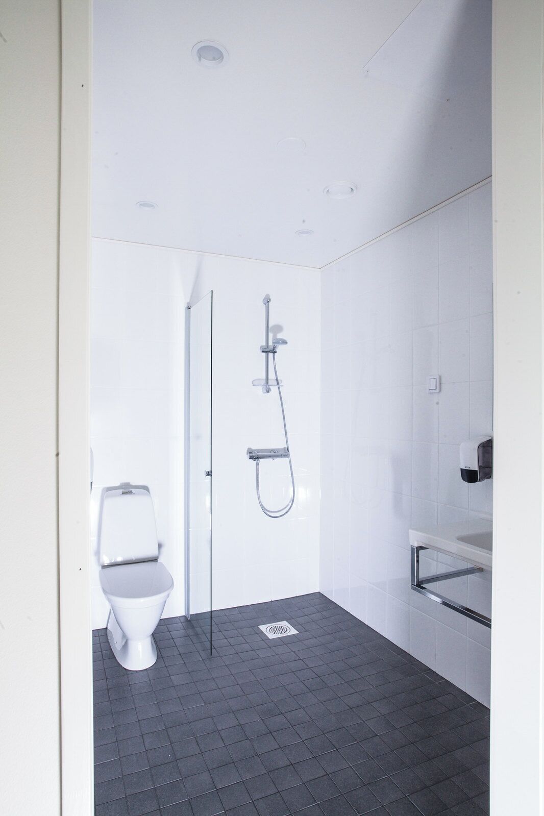 A modern bathroom with a toilet, a shower, and a sink.