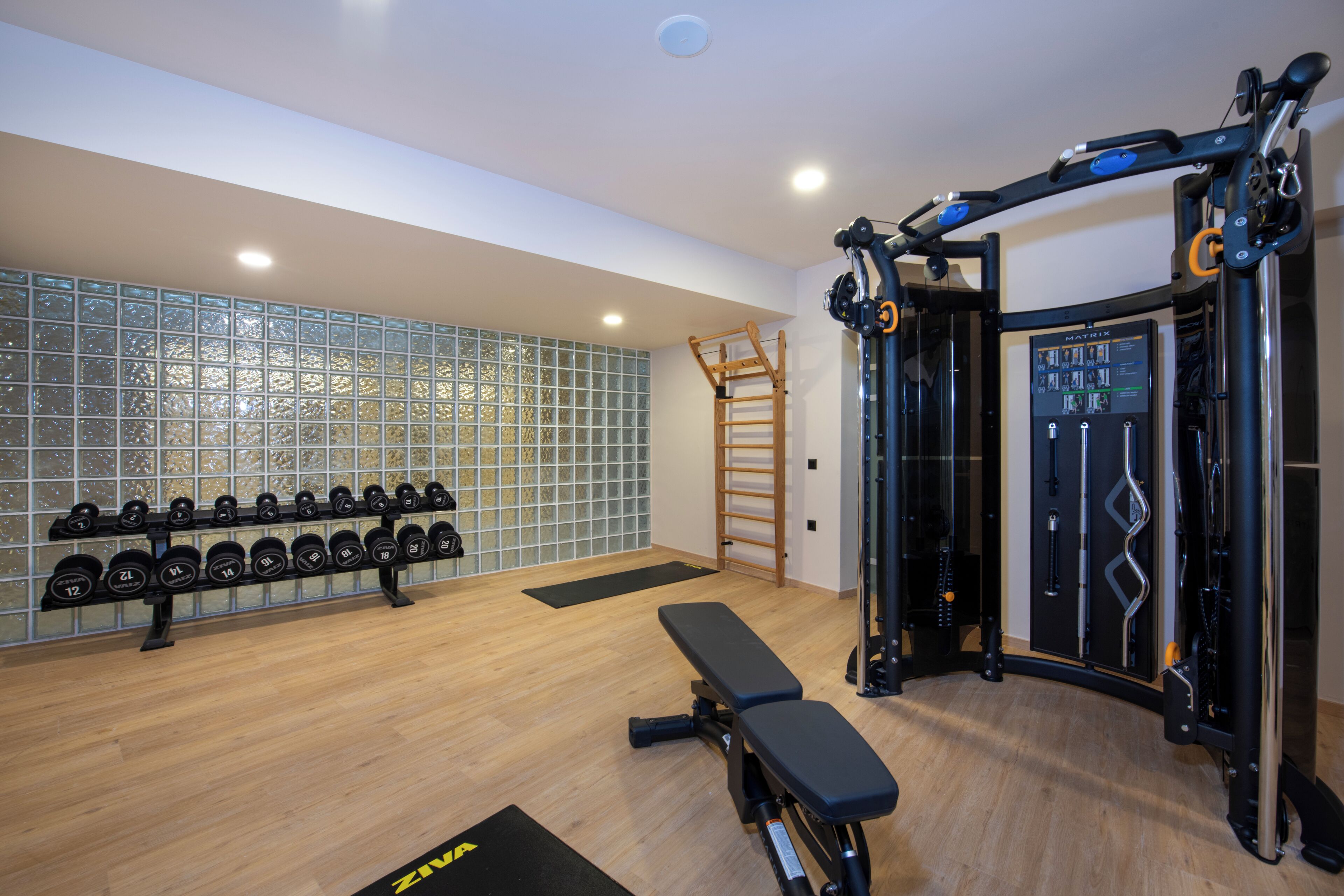A gym with a bench, dumbbells, and a squat rack.