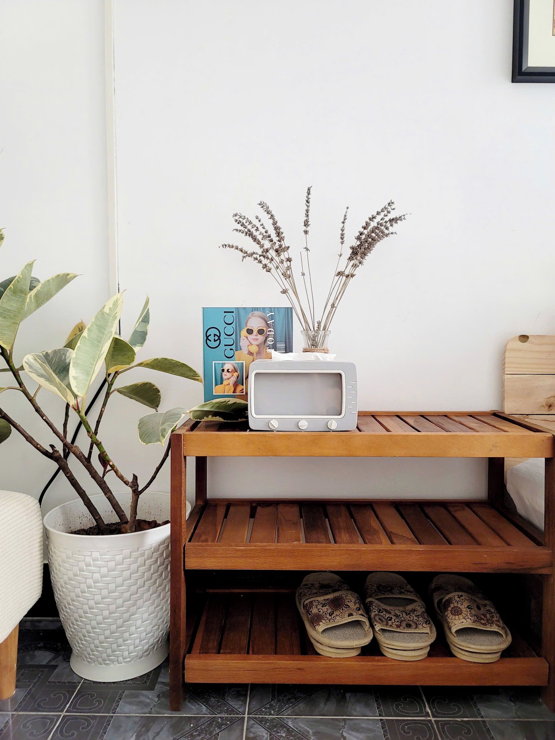 A wooden shelf with a microwave, a potted plant, and a pair of shoes.