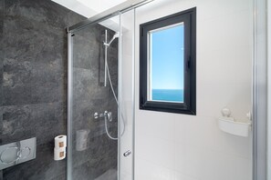 Shower, hair dryer, towels