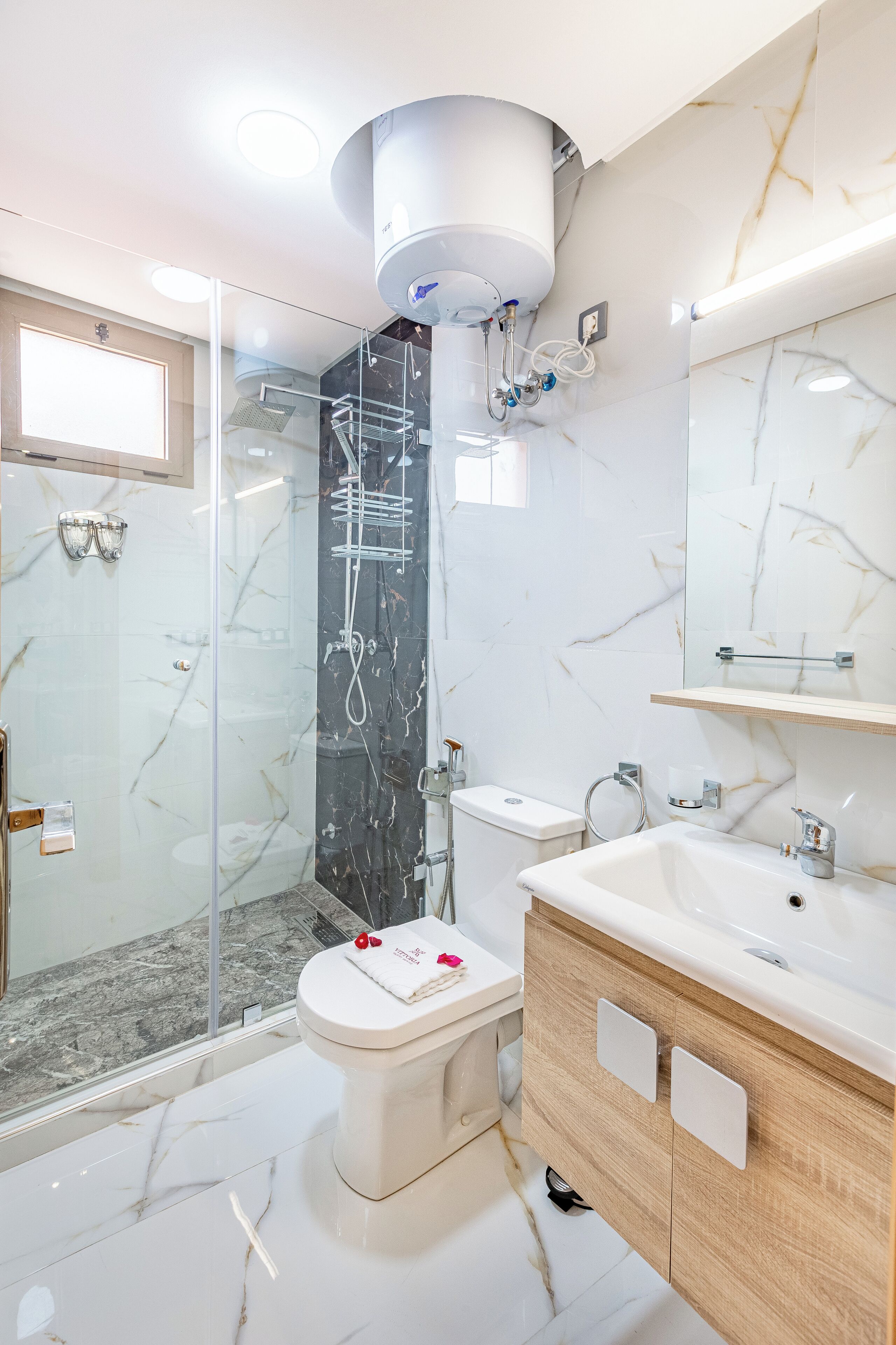 A modern bathroom with a glass-enclosed shower, a toilet, and a vanity with a mirror.