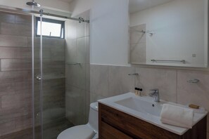 Regadera, secadora de cabello, toallas, shampoo 