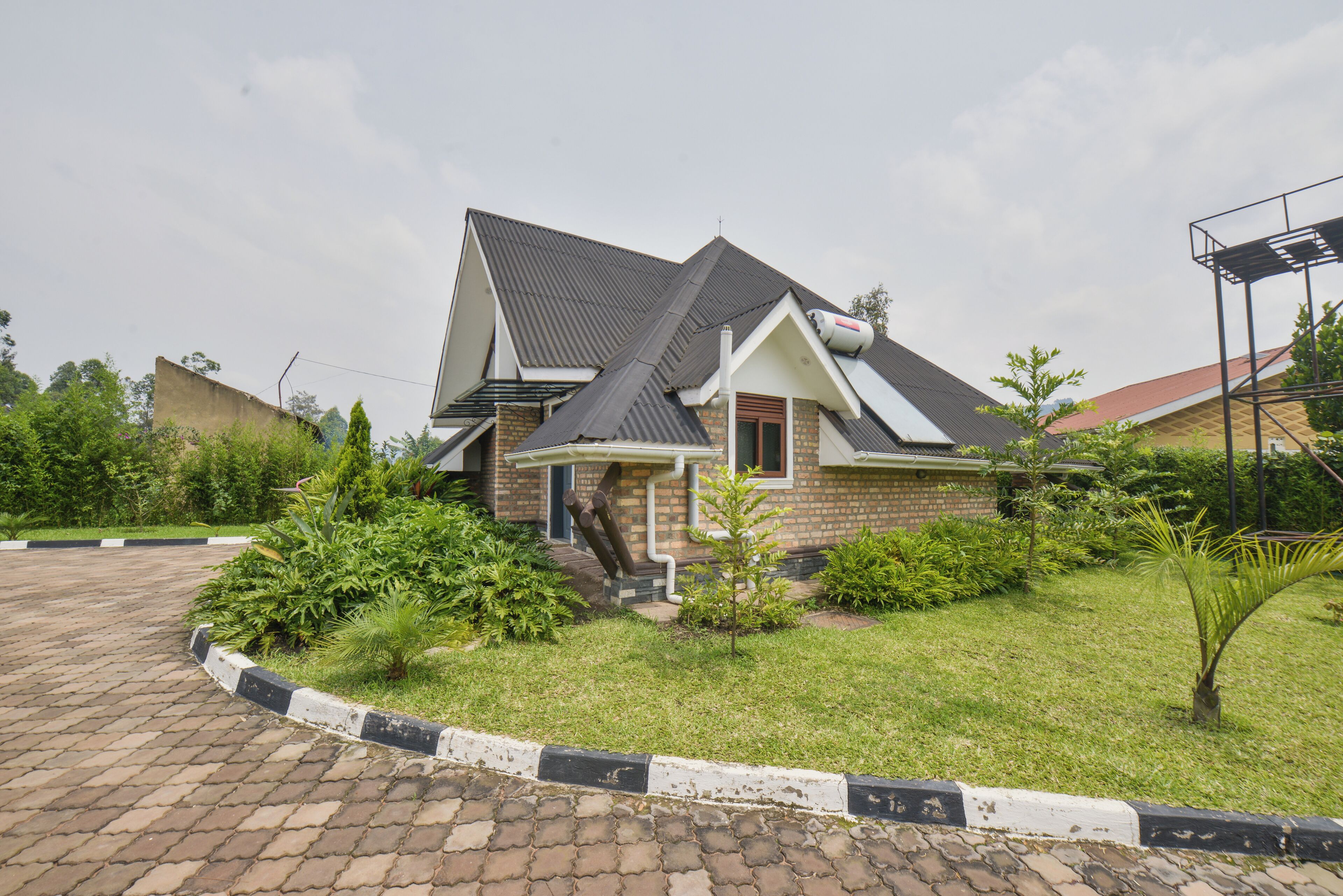 A two-story house with a sloped roof, brick exterior, and a small front yard with various plants.