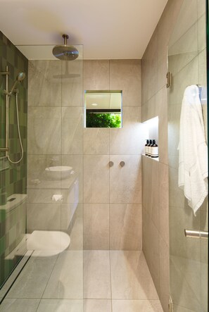 Dusche, Haartrockner, Handtücher, Shampoo