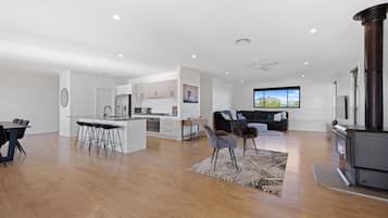 Smart TV, fireplace, books