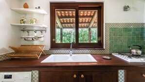 Una cocina con un lavamanos doble, armarios de madera, un escurreplatos y una ventana con vistas a la vegetación.